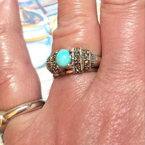 VTG Sleeping Beauty Turquoise Marcasite Sterling Silver Ring - Picture 2 of 6